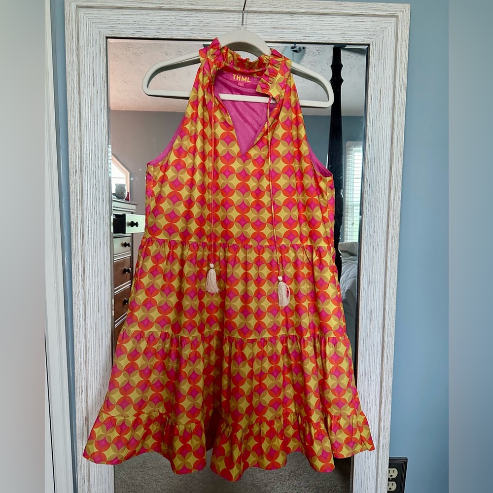 THML Pink and Yellow Geometric Tiered Halter Dress